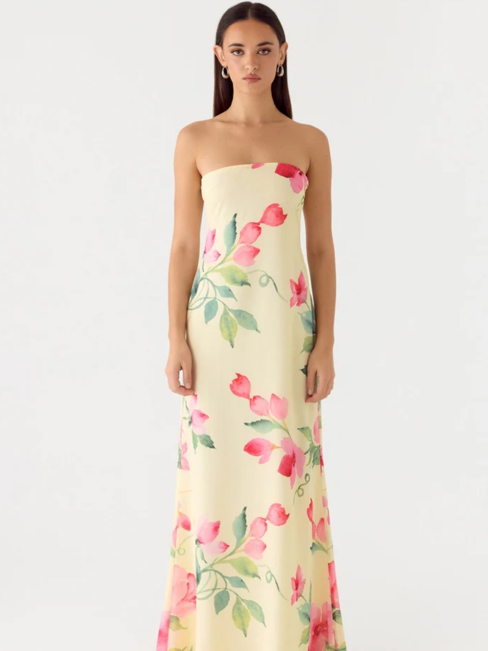 Pepper mayo Strapless Yellow Floral Maxi Dress
Size: 8 or L